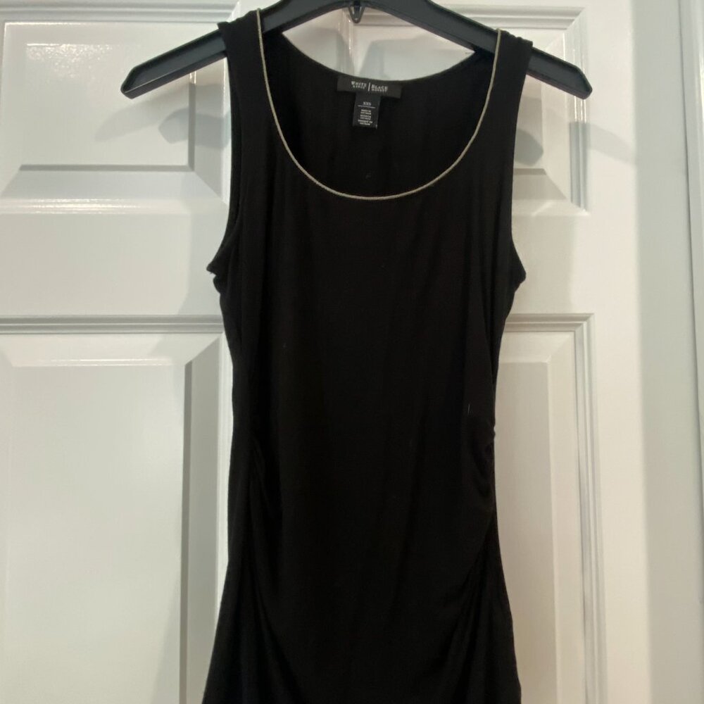 White House Black Market Gathered Sides Black Tank Top with Metallic Trim. XXS